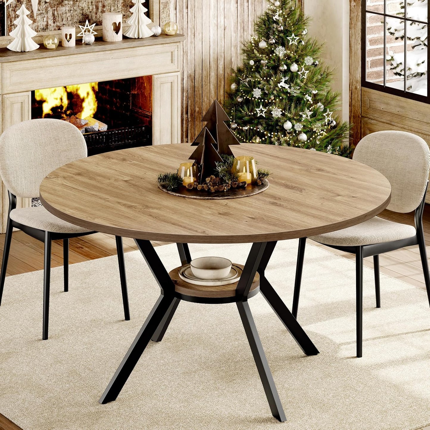 42 Inch round Dining Table for 2–4, Farmhouse round Kitchen Table with Storage Shelf, Pedestal Dining Table, Wood Top & Metal Base, Small Space Table for Apartment, Dining Room