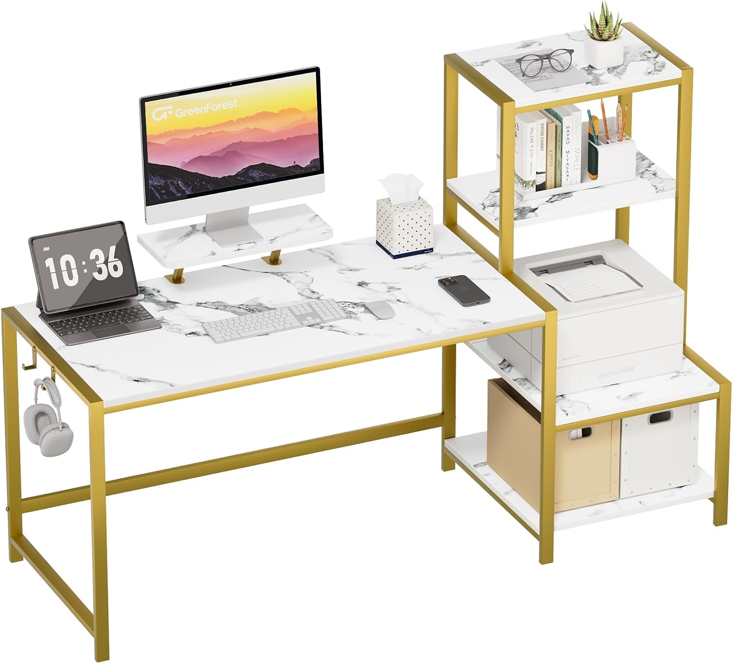 Computer Desk 67 Inch with Printer Shelf, Reversible Office Desk with Monitor Stand and 2 Hooks, Home Desk Workstation for Study Writing Working Gaming, Marble