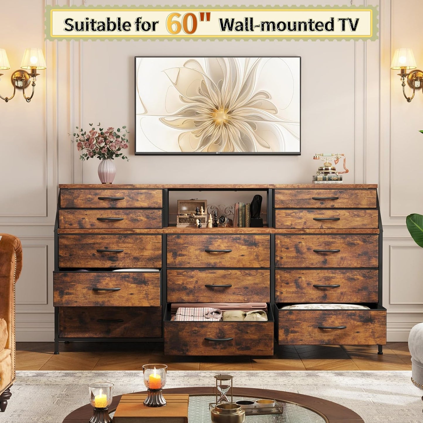 55" W Dresser for Bedroom with Deep Fabric Drawers, Long Chests of Drawers with 2 Open Wooden Shelves, Large Vanity Dressers for Dorm, Entryway, Rustic Brown, 55.1" W X 35.4" H X 11.4" D