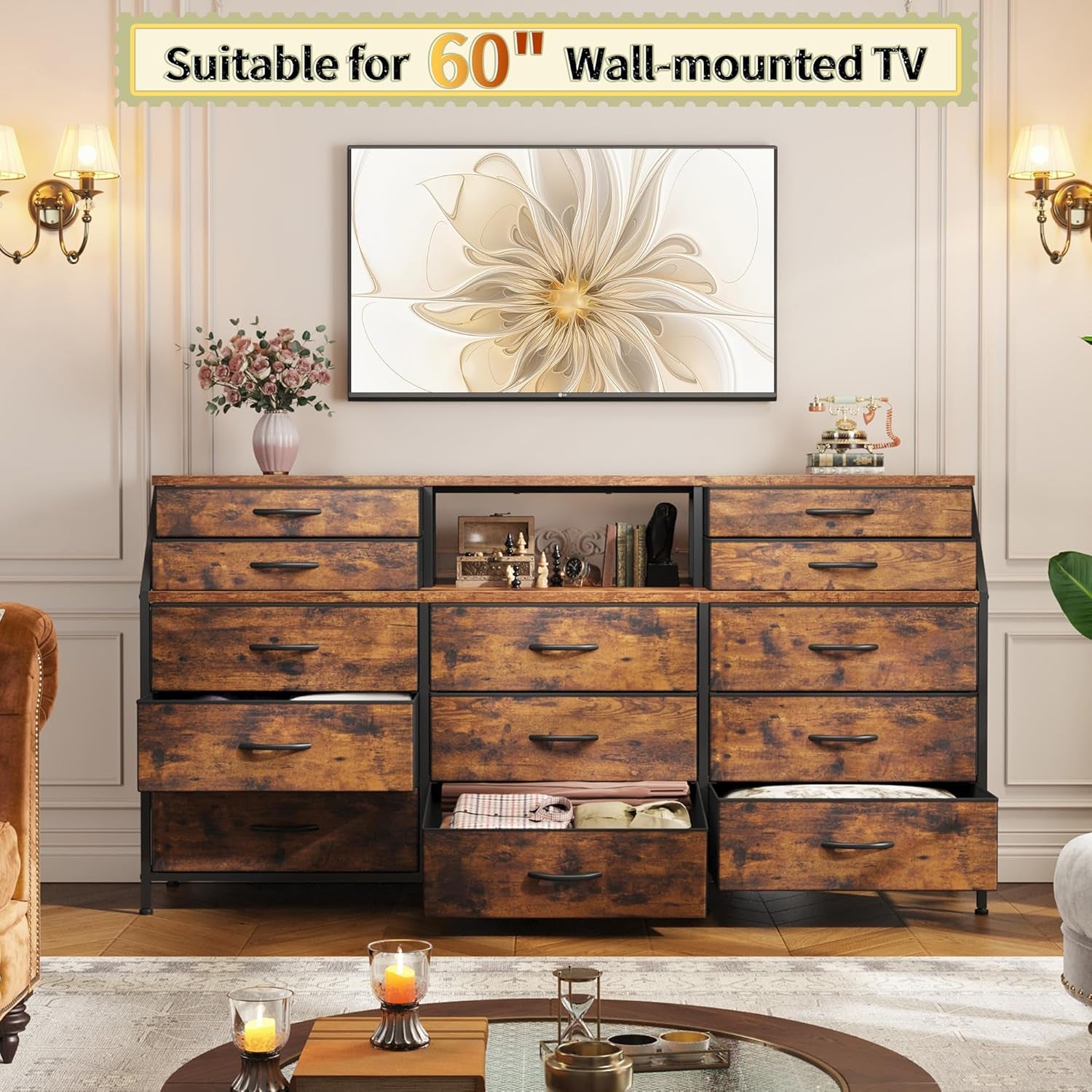 55" W Dresser for Bedroom with Deep Fabric Drawers, Long Chests of Drawers with 2 Open Wooden Shelves, Large Vanity Dressers for Dorm, Entryway, Rustic Brown, 55.1" W X 35.4" H X 11.4" D