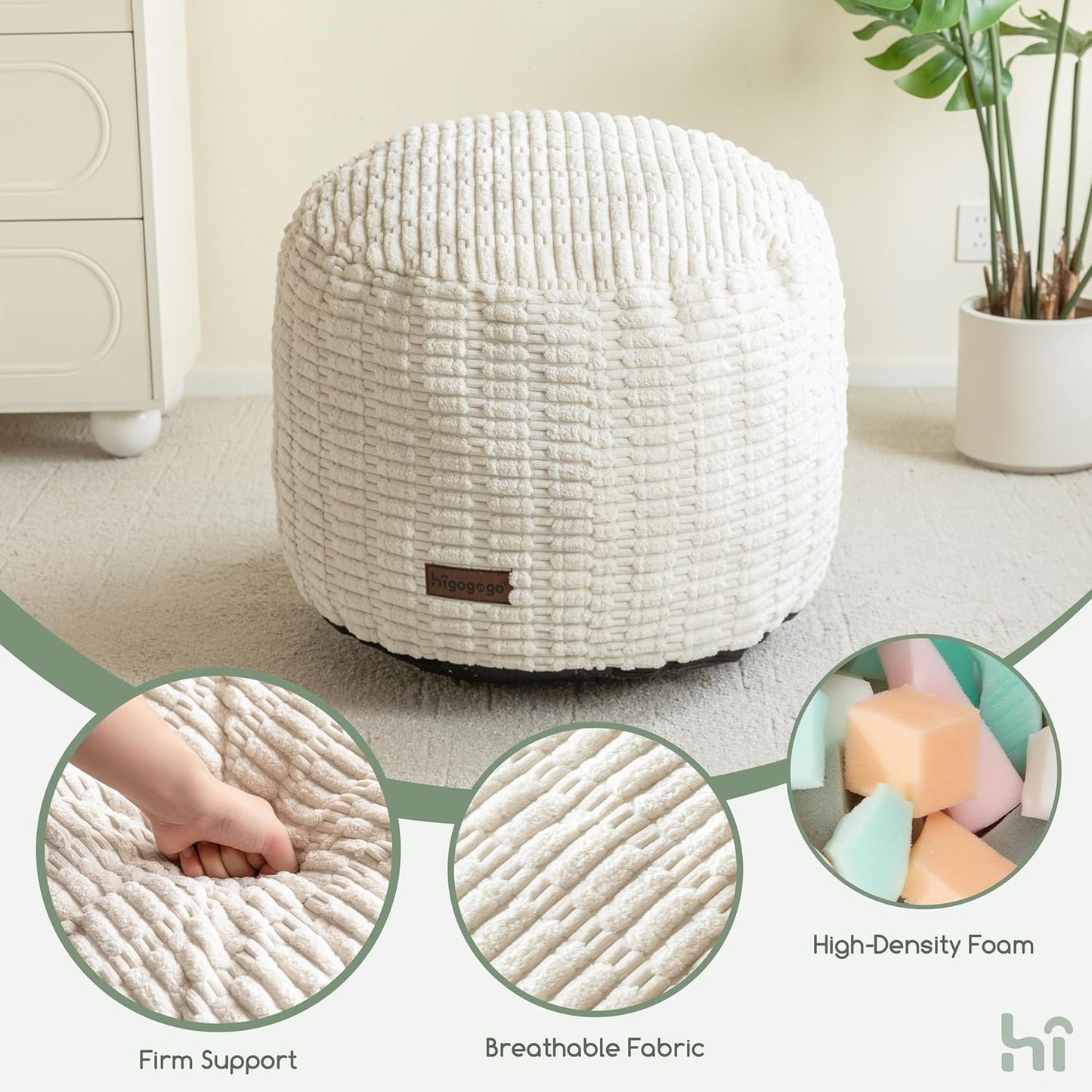 Pouf Ottoman Stuffed round Modern Foam Filled Foot Rest Poufs for Living Room Chair Decorative 20 X 15 Inches Boho Relax Stool for Wedding Christmas Party, Beige
