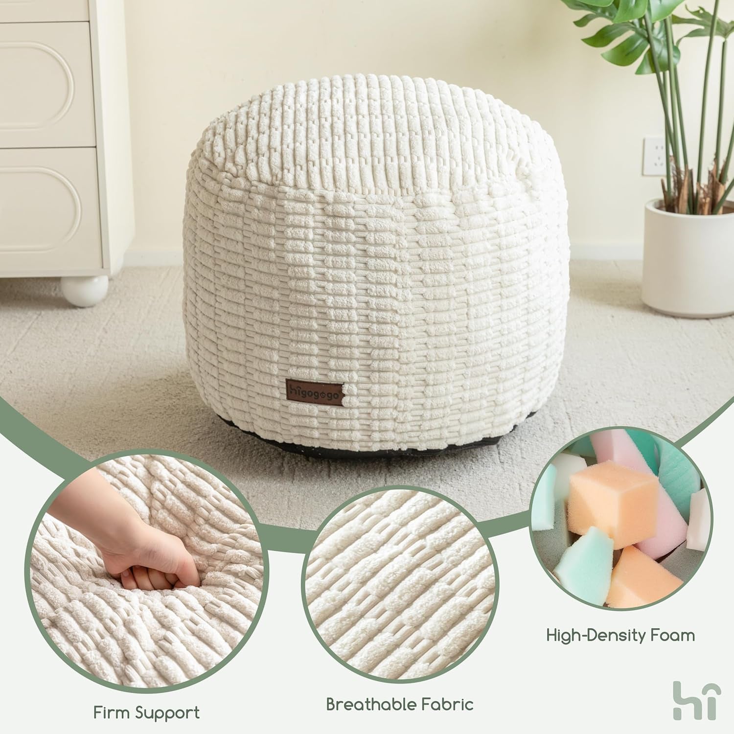 Pouf Ottoman Stuffed round Modern Foam Filled Foot Rest Poufs for Living Room Chair Decorative 20 X 15 Inches Boho Relax Stool for Wedding Christmas Party, Beige