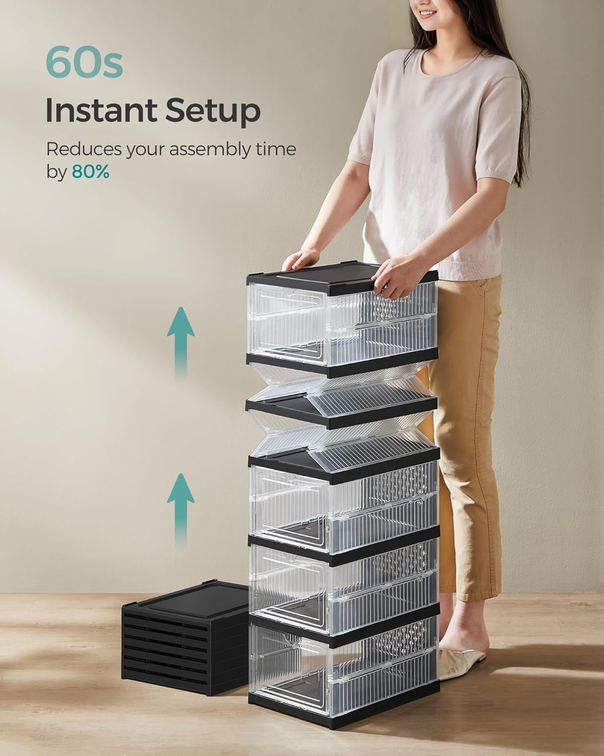 Foldable Shoe Boxes, Pack of 18 Stackable Shoe Storage Organizer, Set of 3 Integraed Shoe Cabinets, Portable, Fit up to US Size 13, 60S Assembly, Transparent and Ink Black ULSP207B01