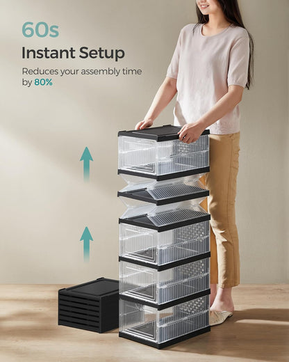 Foldable Shoe Boxes, Pack of 18 Stackable Shoe Storage Organizer, Set of 3 Integraed Shoe Cabinets, Portable, Fit up to US Size 13, 60S Assembly, Transparent and Ink Black ULSP207B01
