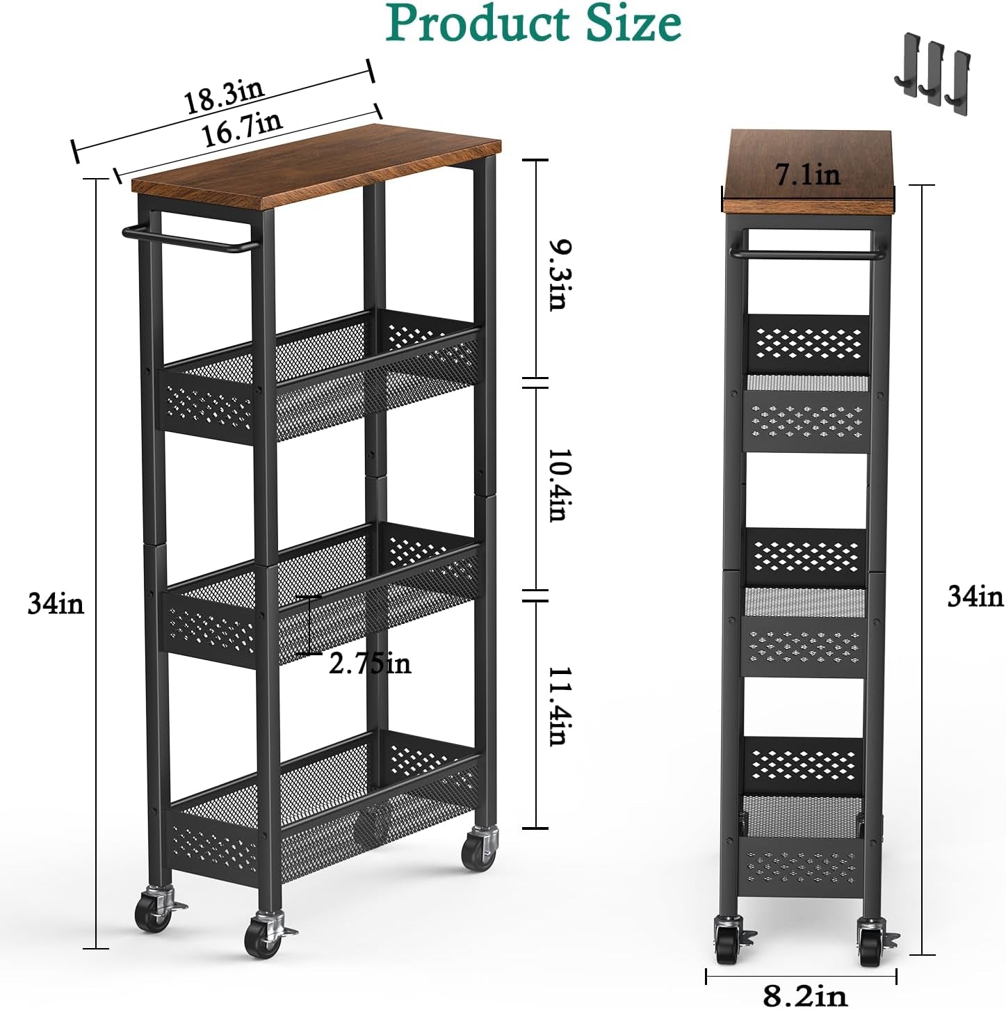 Slim Storage Cart 4 Tier Narrow Kitchen Rolling Cart on Wheels for Small Space, Mobile Utility Cart Shelving Unit with Wooden Top and Metal Handle for Kitchen, Bathroom, Laundry Room