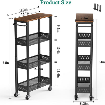 Slim Storage Cart 4 Tier Narrow Kitchen Rolling Cart on Wheels for Small Space, Mobile Utility Cart Shelving Unit with Wooden Top and Metal Handle for Kitchen, Bathroom, Laundry Room