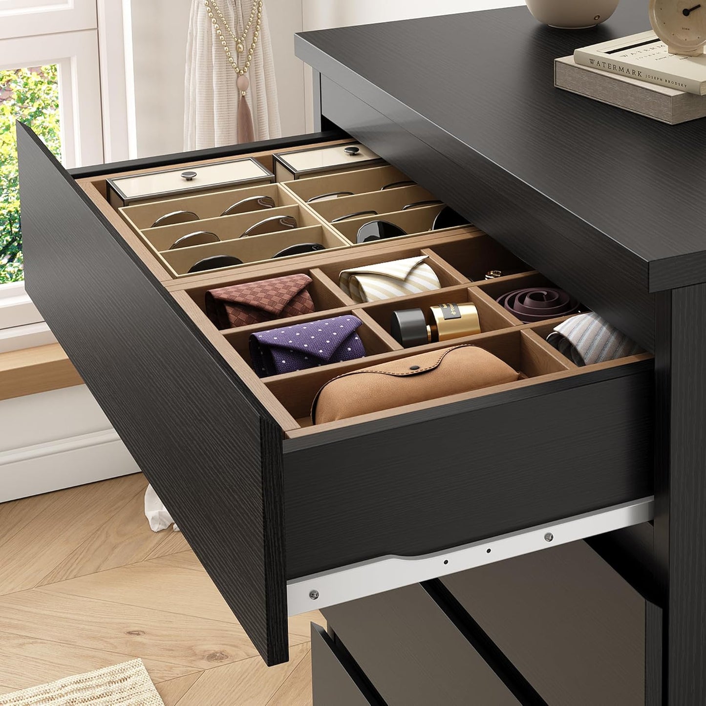 Black 5 Drawer Dresser for Bedroom, 15" D X 23.7" W X 40.4" H in Modern Chest of Drawers, Wood Storage Dresser with Handleless Drawers for Kids Bedroom, Living Room, Hallway, Entryway