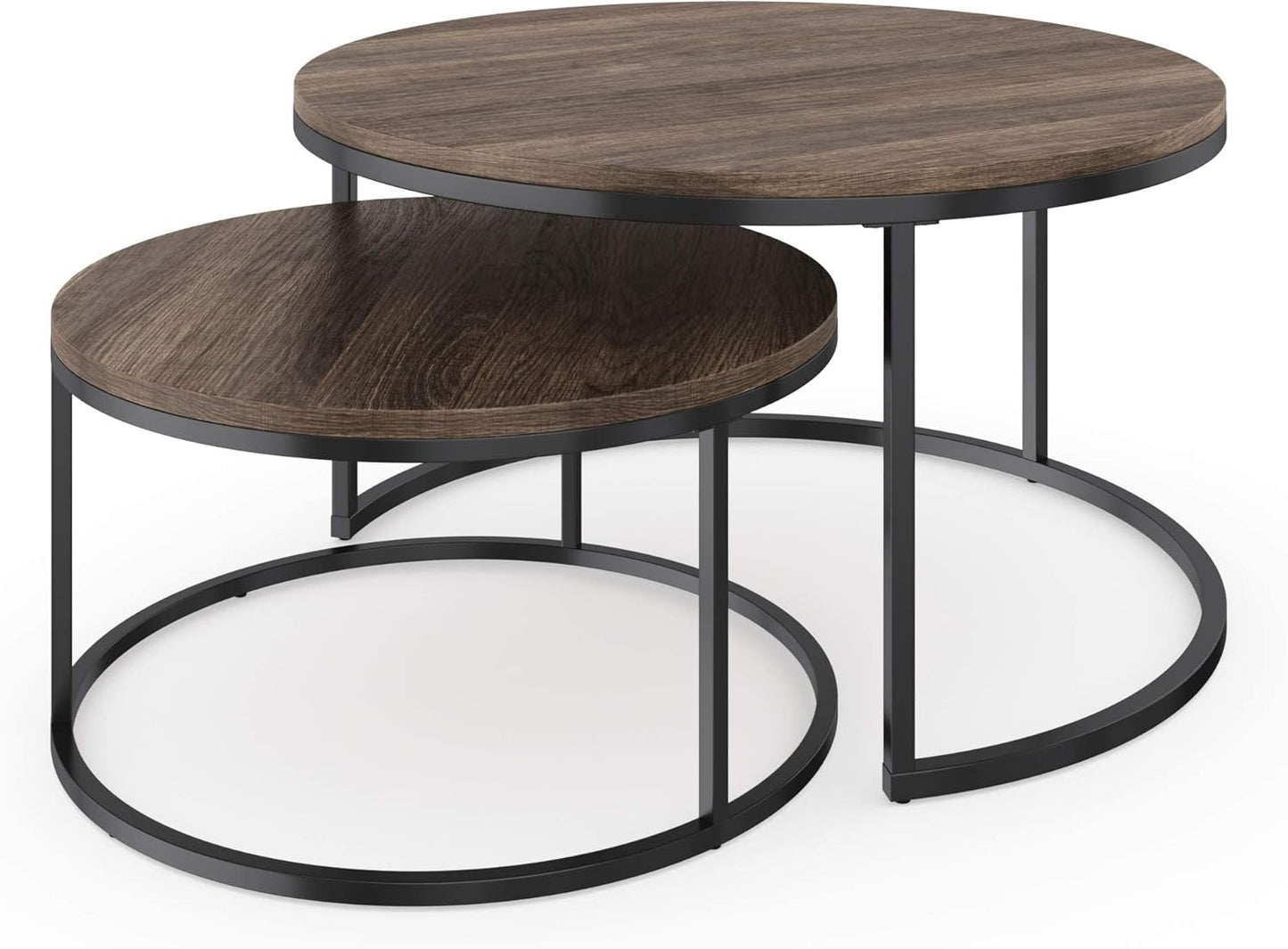 Stella round Modern Nesting Coffee Set of 2, Stacking Living Room Accent Tables with an Industrial Wood Finish and Powder Coated Metal Frame, Warm Nutmeg/Matte Black