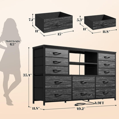 Black Dresser with LED Lights & Charging Station, TV Stand for 60'' TV, Wide Dressers & Chest of Drawers with Open Shelves, Living Room, Hallway, Study