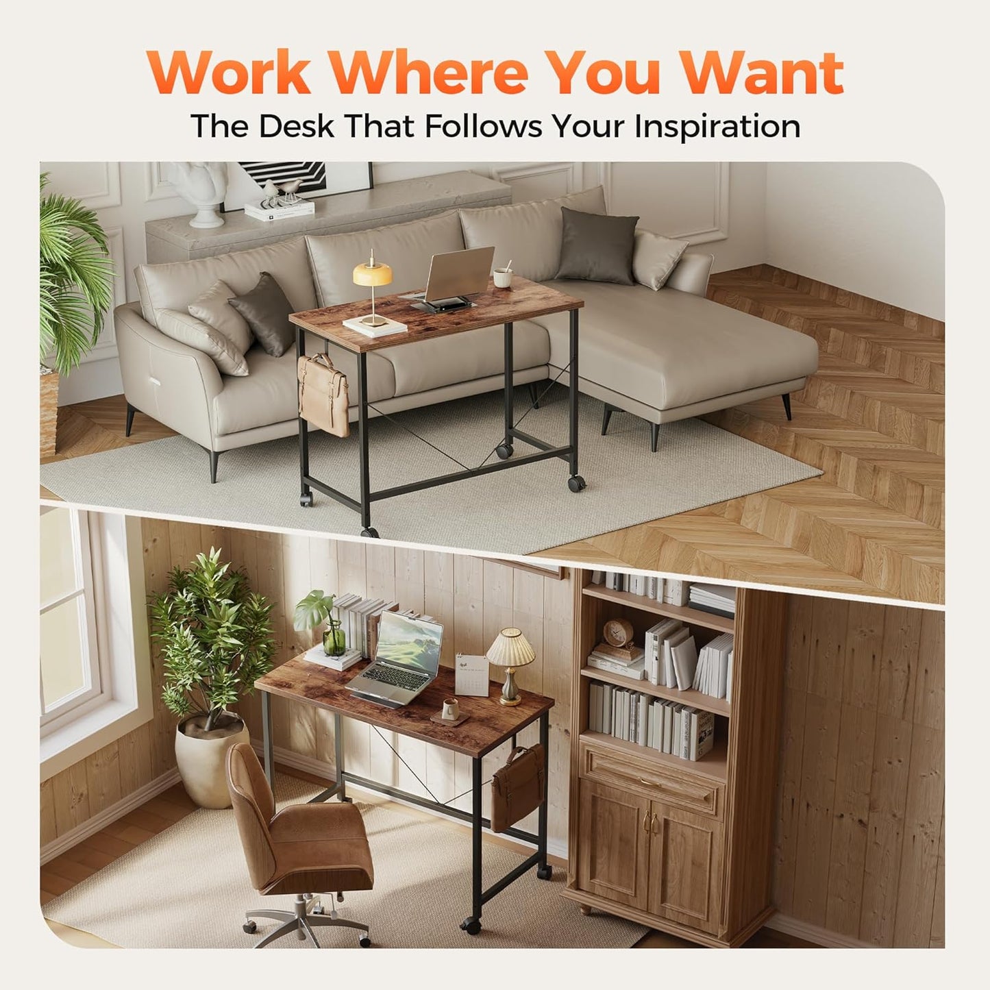 Rolling Computer Desk with Wheels, Gaming Desk for Small Spaces, Modern Simple Style Table for Home Office, Study Writing Table