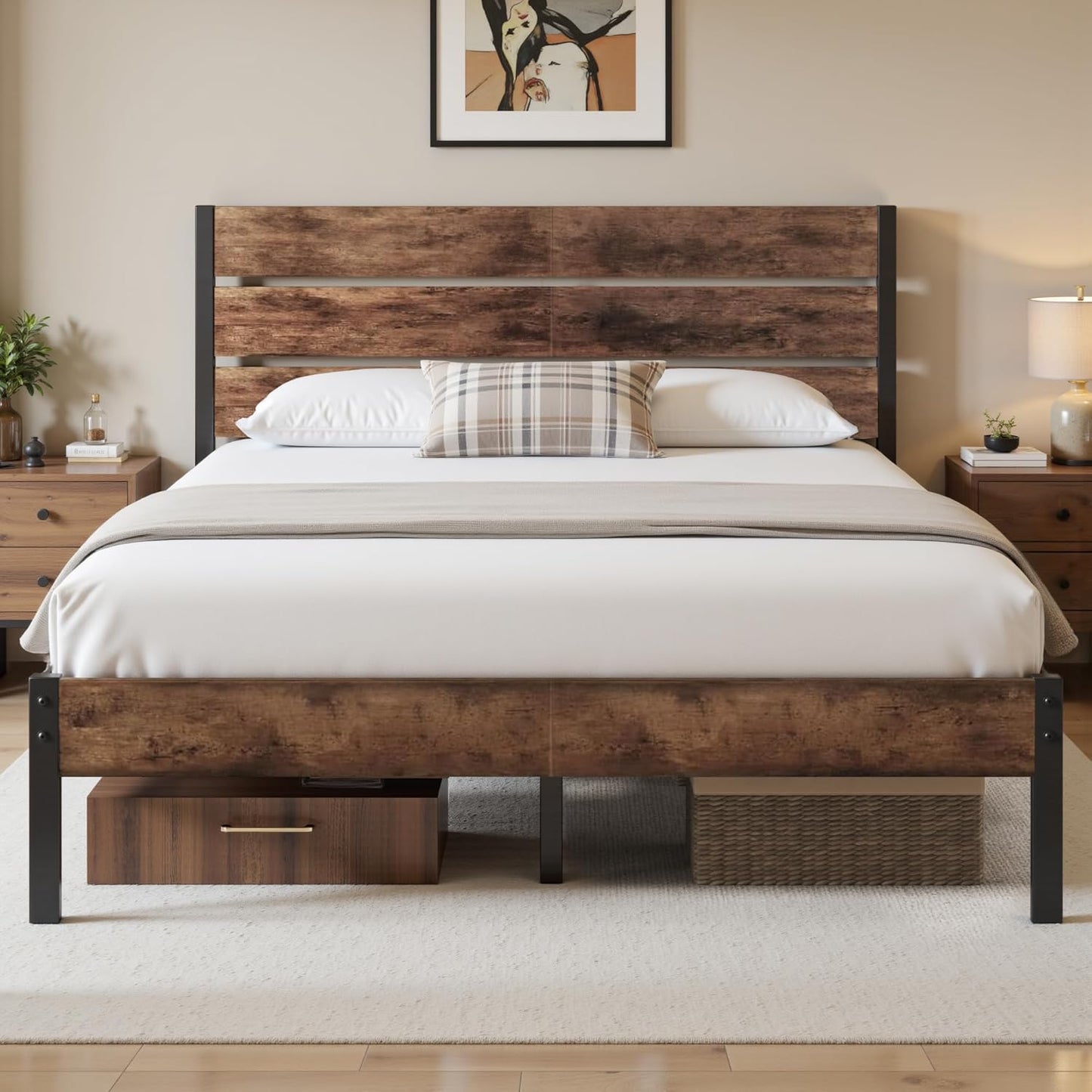 Queen Bed Frame with Headboard and Footboard, Metal Queen Bed Frame with Under-Bed Storage, All-Metal Support System, No Box Spring Needed, Easily Assemble, Rustic Brown