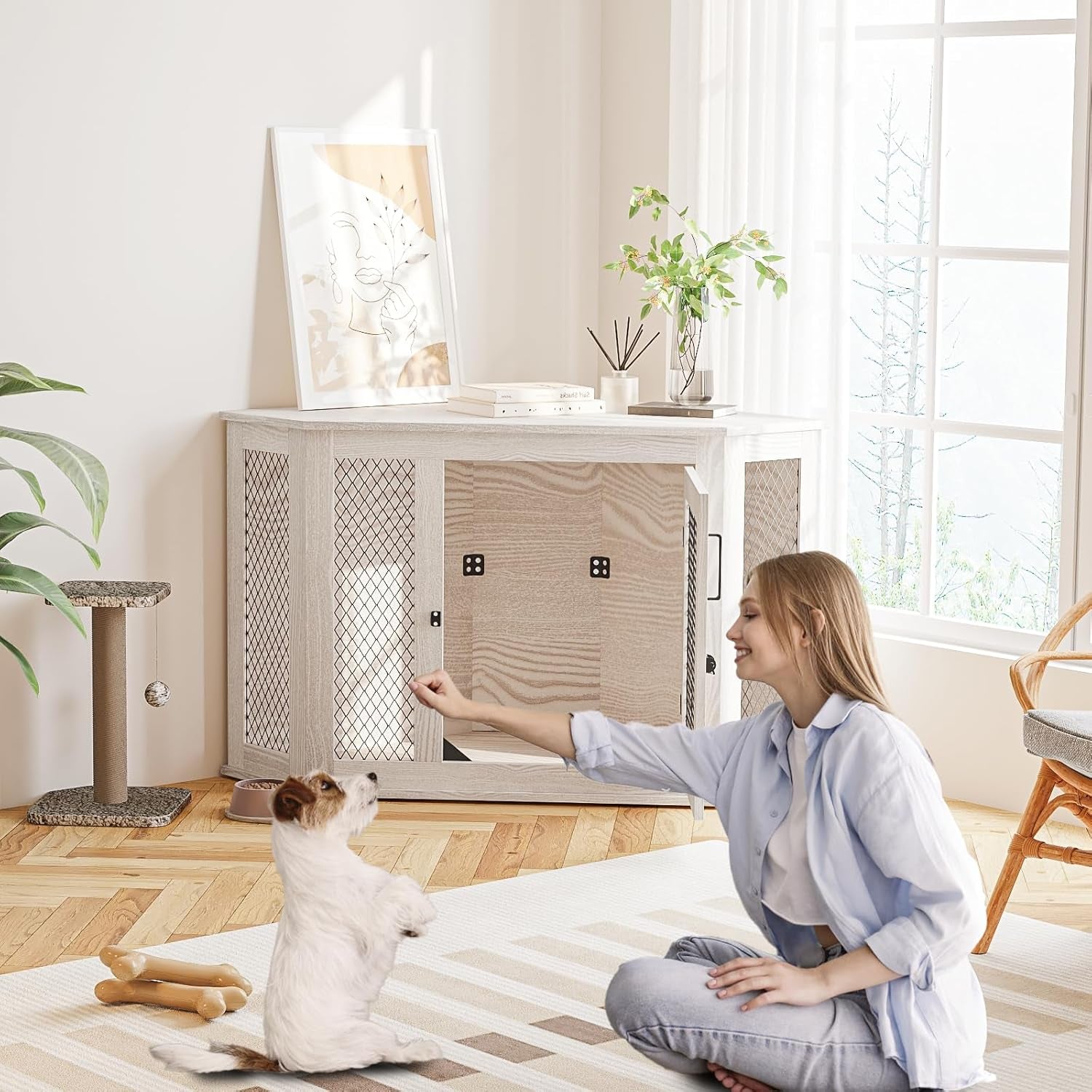 Corner Dog Crate Furniture,44 Inch Decorative Pet Crate with Metal Mesh,Wooden Dog Kennel Indoor Use for Small Medium Dogs,Dog House TV Stand,Perfect for Limited Room,White