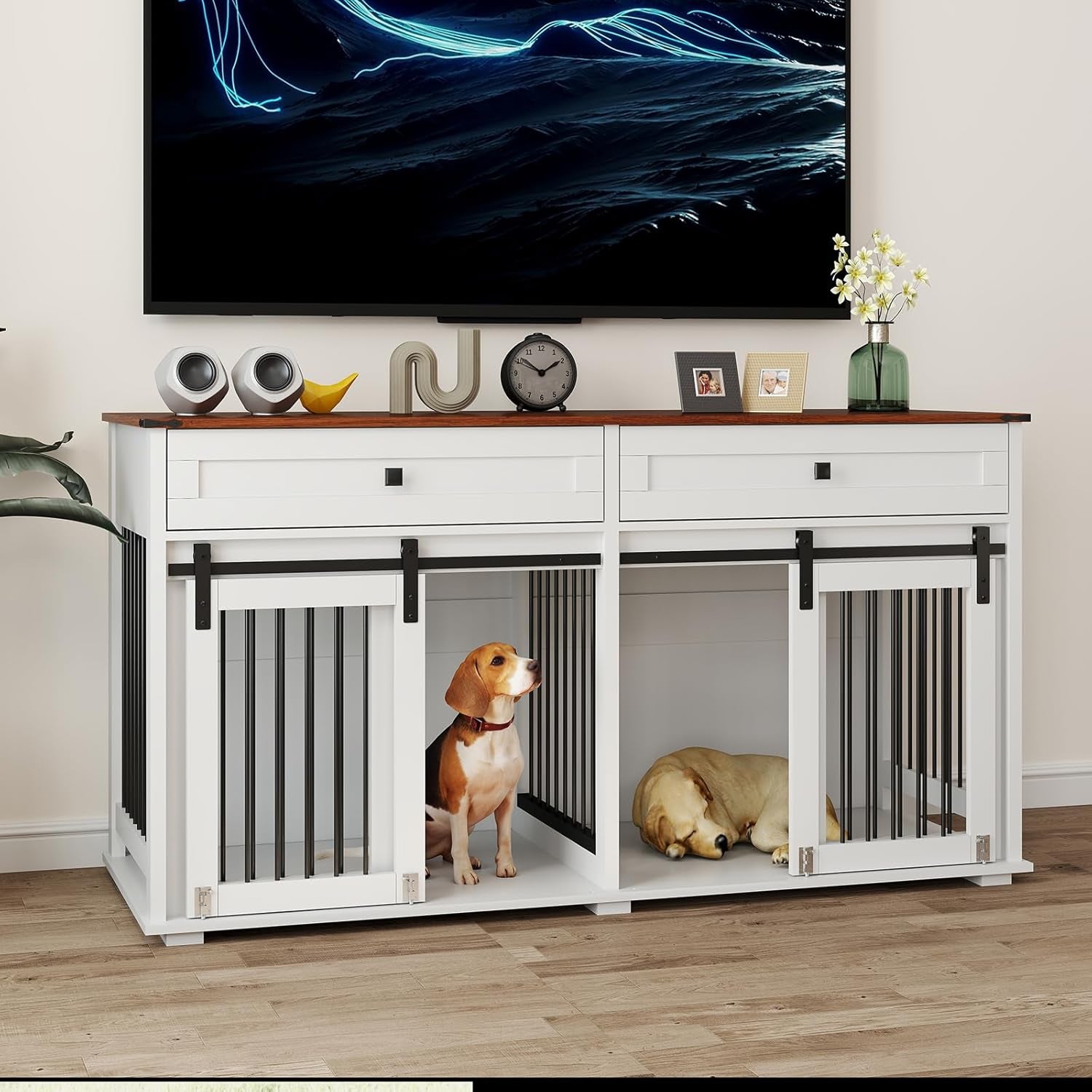 63'' Double Dog Crate Furniture for 2 Dogs, XXL Wooden 2 Dog Kennel, Wooden Dog Kennel with 2 Drawers,Divider and Sliding Door, Indoor Furniture Style Dog Crate End Table, White
