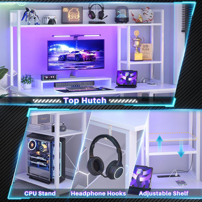 Gaming Desk with Hutch, 47'' Computer Desk with LED Lights & Power Outlets, Home Office Desk with Reversible 5 Tiers Storage Shelves & Monitor Stand, Small Gaming Table for Small Space, White