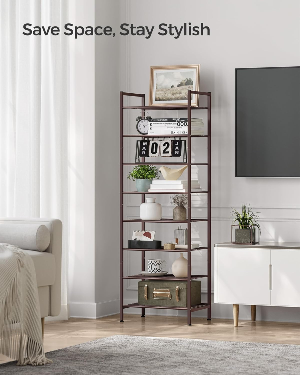 Narrow Shoe Rack - Sturdy 8 Tier Metal Tall Shoe Rack Shelf, Slim Shoe Storage Organizer for Closet Entryway Small Spaces, Bronze