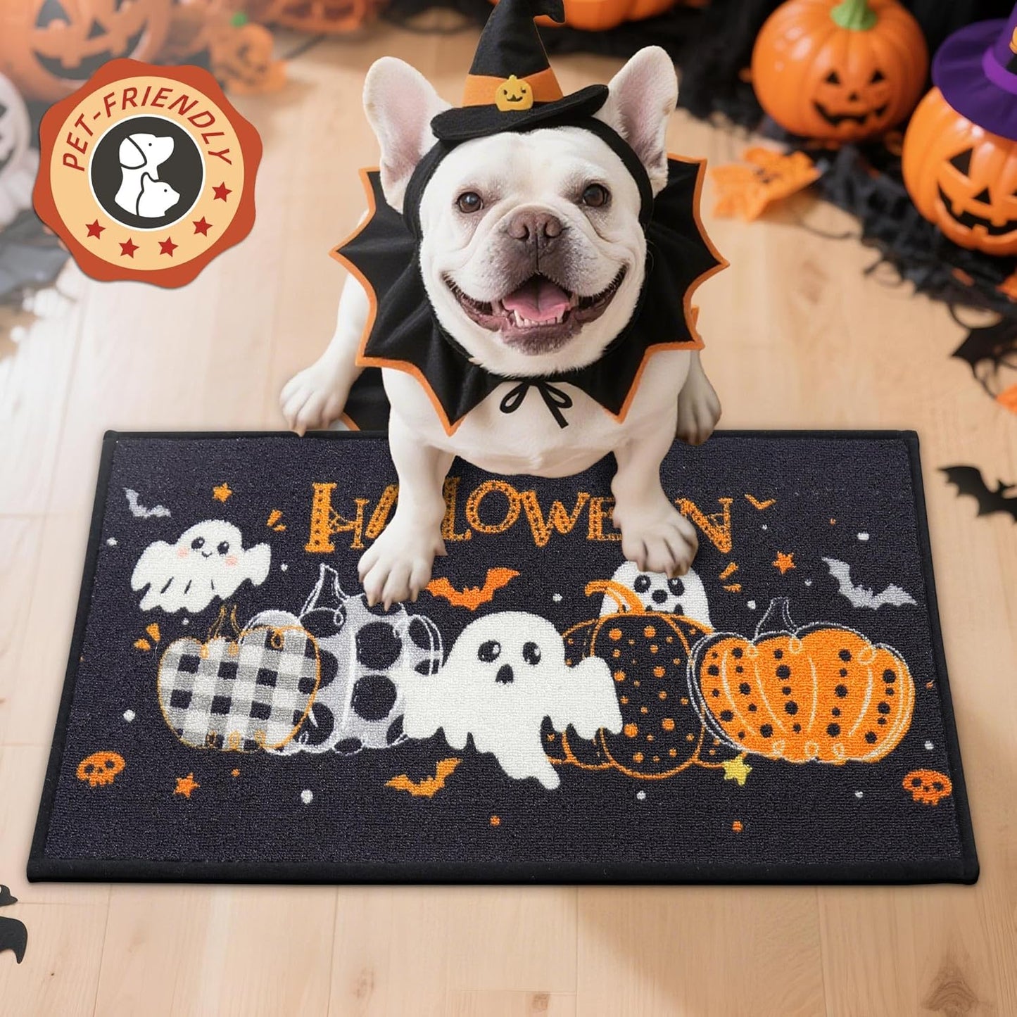 Halloween Holiday Doormat, 17''X30'' Non-Slip Ghost and Pumpkins Decorative Welcome Mats for Floor, Low-Profile Entryway Rugs Washable, Pumpkins Party Pattern