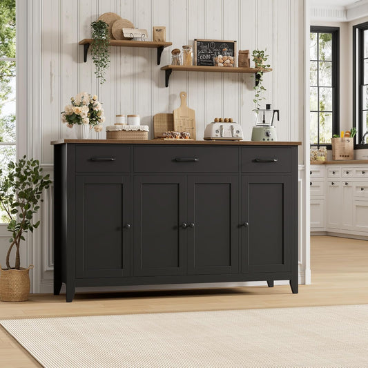 55" Buffet Cabinet, Modern Farmhouse Sideboard Buffet with Drawers, Large Kitchen Storage Cabinet with Adjustable Shelves, Wood Coffee Bar for Kitchen, Dining Room, Living Room, Black