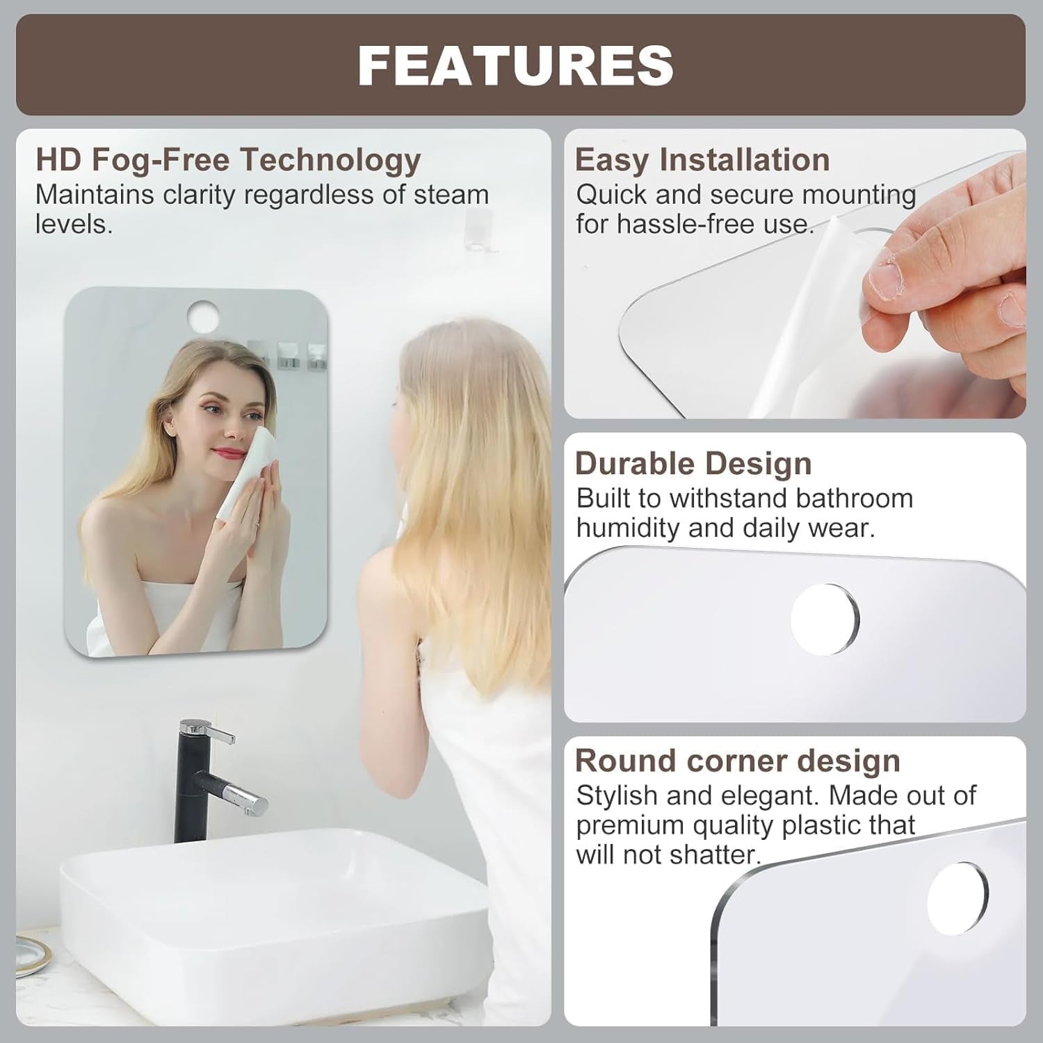 Shower Mirror Fogless for Shaving Anti-Fog Frameless Wall Hanging Makeup,11.02" L X 7.87" W,Grey