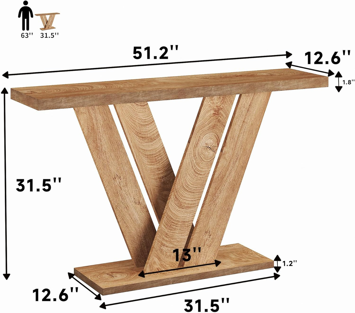 51 Inch Console Table, Farmhouse Entryway Table with V-Shaped, Wood Sofa Table behind Couch Table, Narrow Entryway Accent Table for Living Room, Hallway, Entrance, Foyer, Easy Assembly, Brown