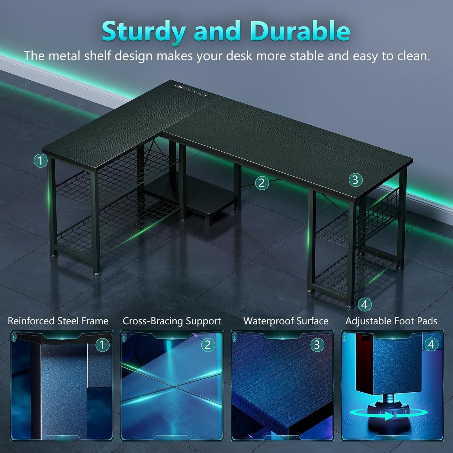 51 Inch L Shaped Gaming Desk with Shelves & Power Outlets, Reversible Computer Desk with Storage Shelves for Home Office, Black