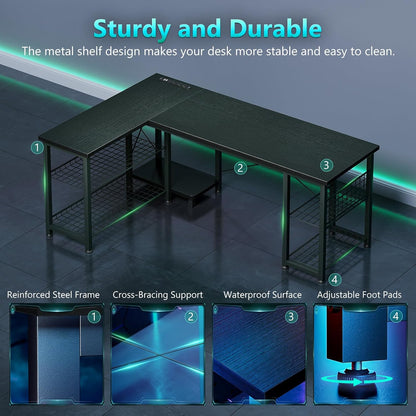 51 Inch L Shaped Gaming Desk with Shelves & Power Outlets, Reversible Computer Desk with Storage Shelves for Home Office, Black