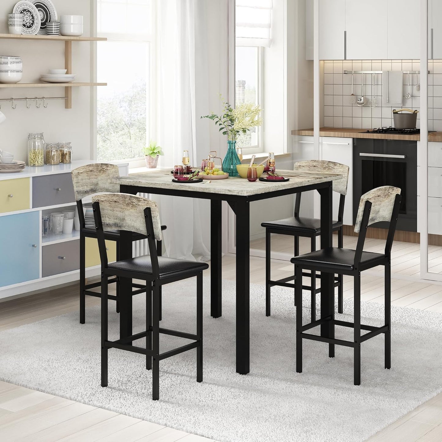 5-Piece Dining Table Set, Dining Table Set for 4, Counter Height Table & 4 Bar Stools, Modern Kitchen Dining Set, with Upholstered Chairs, Compact Dining Set for Small Spaces, Gray