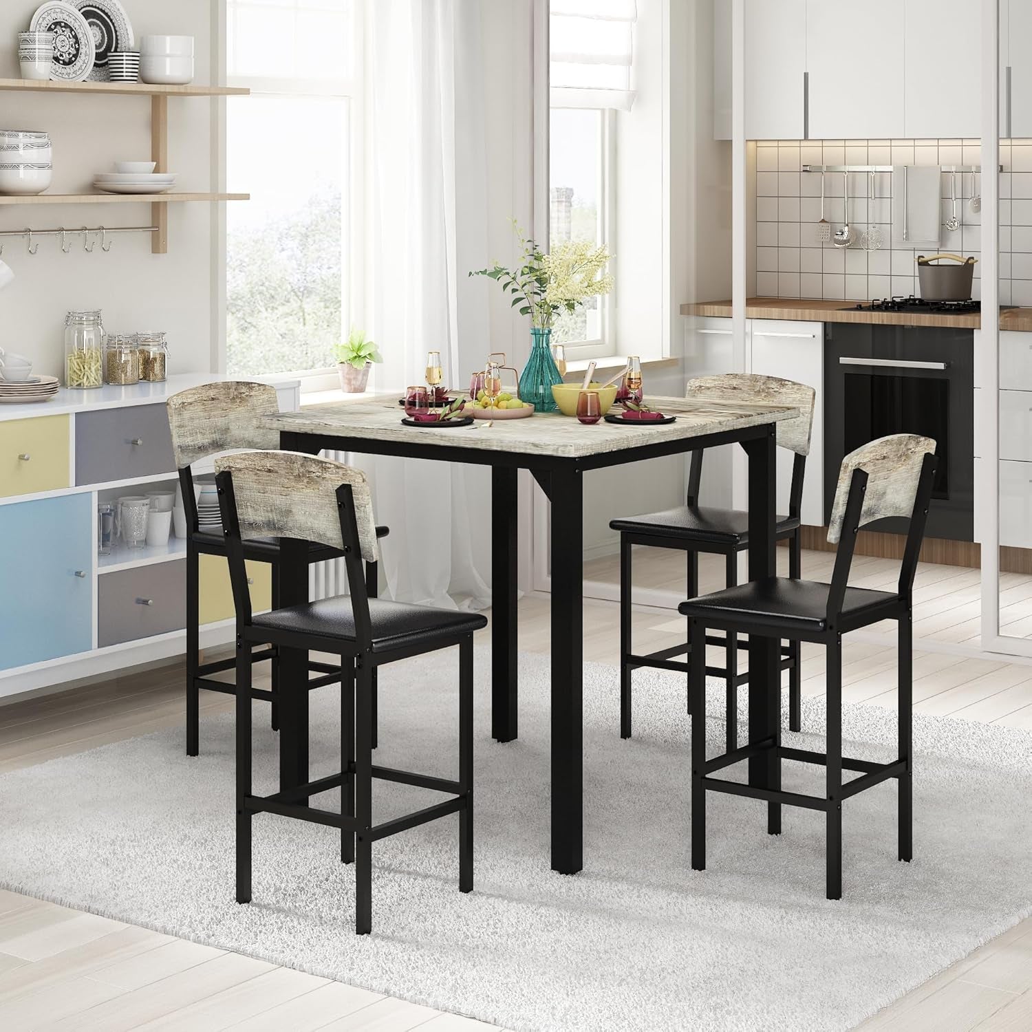 5-Piece Dining Table Set, Dining Table Set for 4, Counter Height Table & 4 Bar Stools, Modern Kitchen Dining Set, with Upholstered Chairs, Compact Dining Set for Small Spaces, Gray