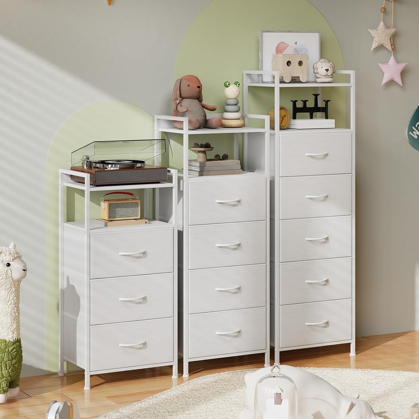 White Tall Night Stand for Bedroom,Tall 5 Drawers Dresser, Vertical Storage Tower Unit, Nightstand Furniture with Fabric Drawer Organizer in Bedside Kids Dorm Room Closet Laundry Entryway