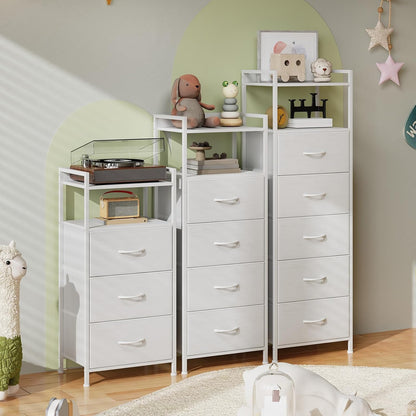 White Tall Night Stand for Bedroom,Tall 5 Drawers Dresser, Vertical Storage Tower Unit, Nightstand Furniture with Fabric Drawer Organizer in Bedside Kids Dorm Room Closet Laundry Entryway
