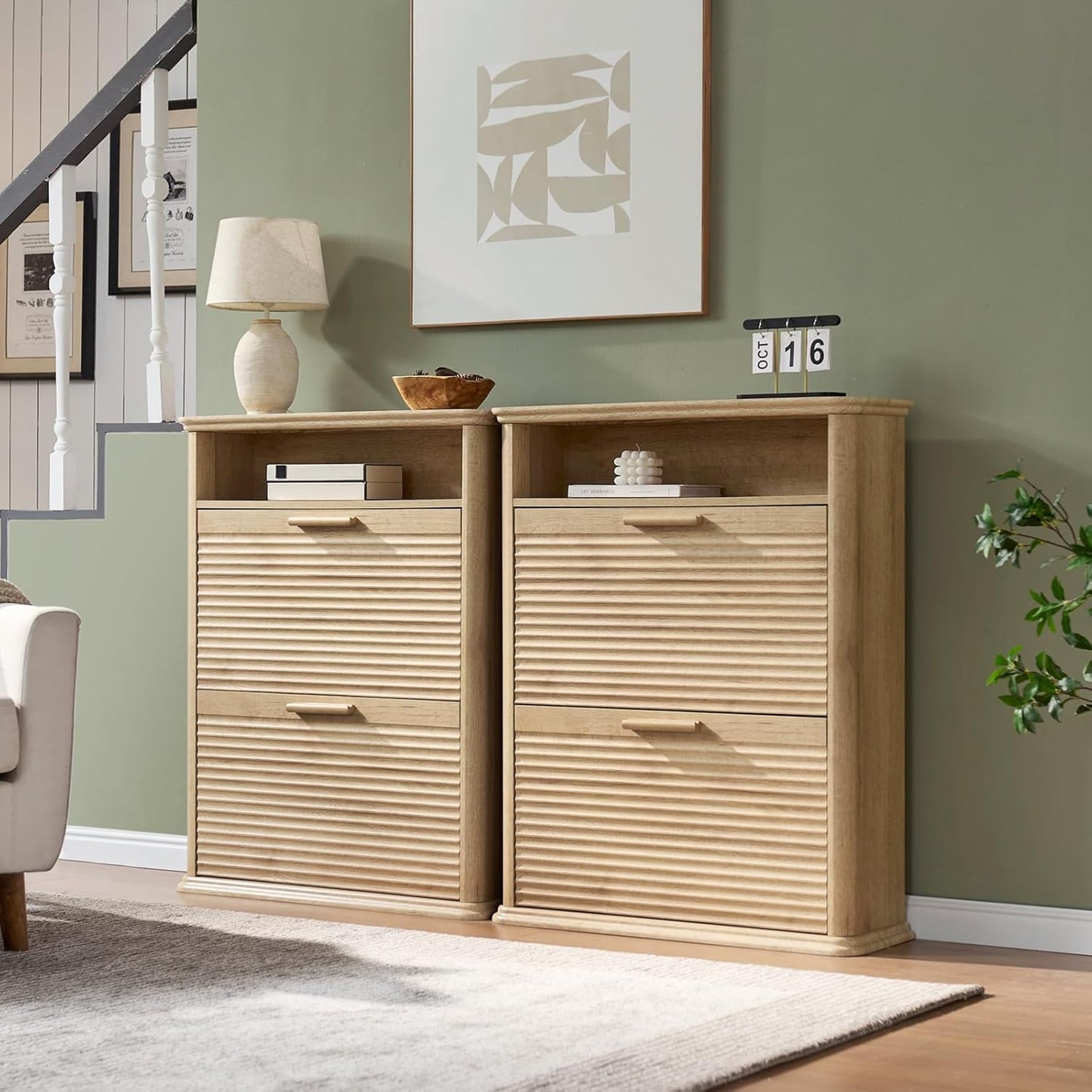 Fluted Narrow Shoe Cabinet with 2 Flip Drawers, Modern Shoe Storage Cabinet with Open Storage & Curved Profile Design, Wood Shoes Rack for Entryway, Hallway, Foyer, Oak