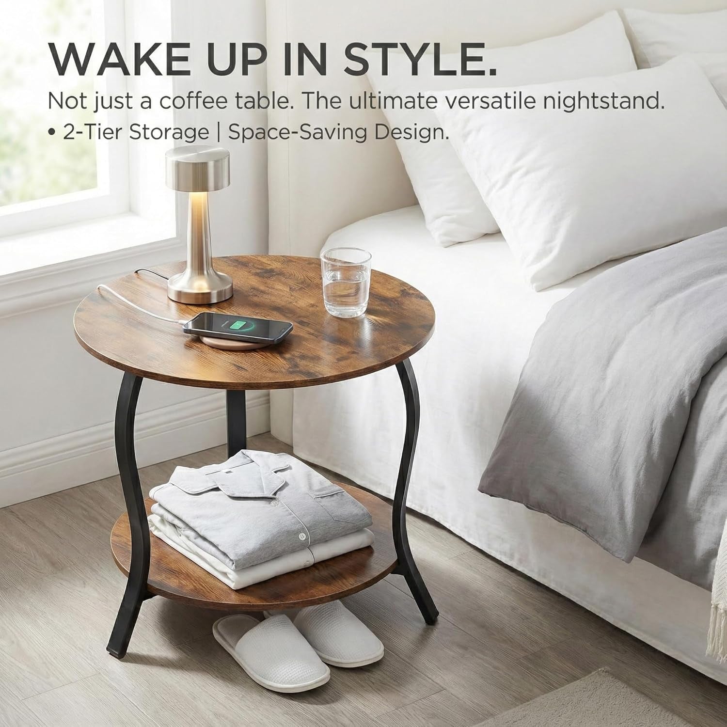 Small round Coffee Table with Open Storage,23" 2-Tier Coffee Side Tables for Small Space, Accent Center Table Circle Sofa End Table with Wooden Table Top for Living Room Bedroom (Rustic Brown)