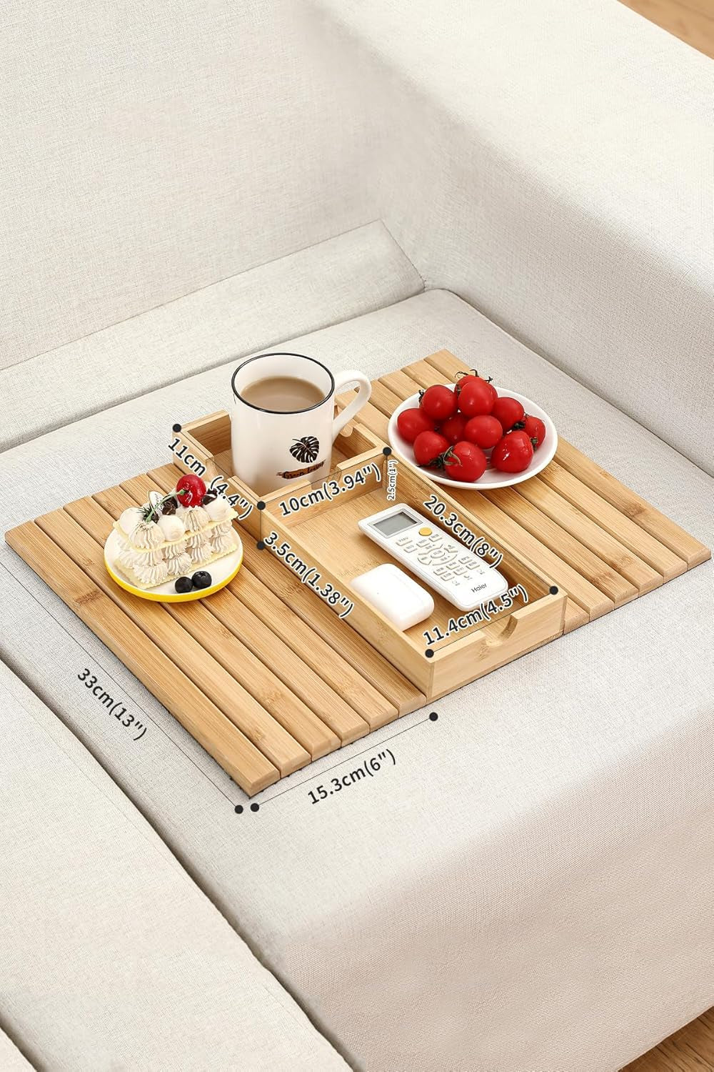 Sofa Arm Tray, Bamboo Large Couch Cup Holder with Hidden Storage, Sofa Armrest Tray Portable Anti-Spill Beverage Snack Remote Holder