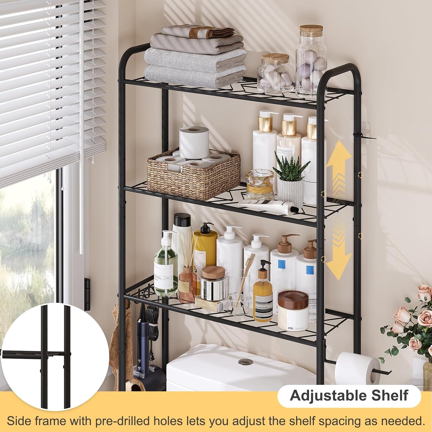Over the Toilet Storage,3-Tier Heavy Duty Metal Bathroom Organizer, Freestanding Space Saver with Wide Shelves for Towels & Toilet Paper (Black)