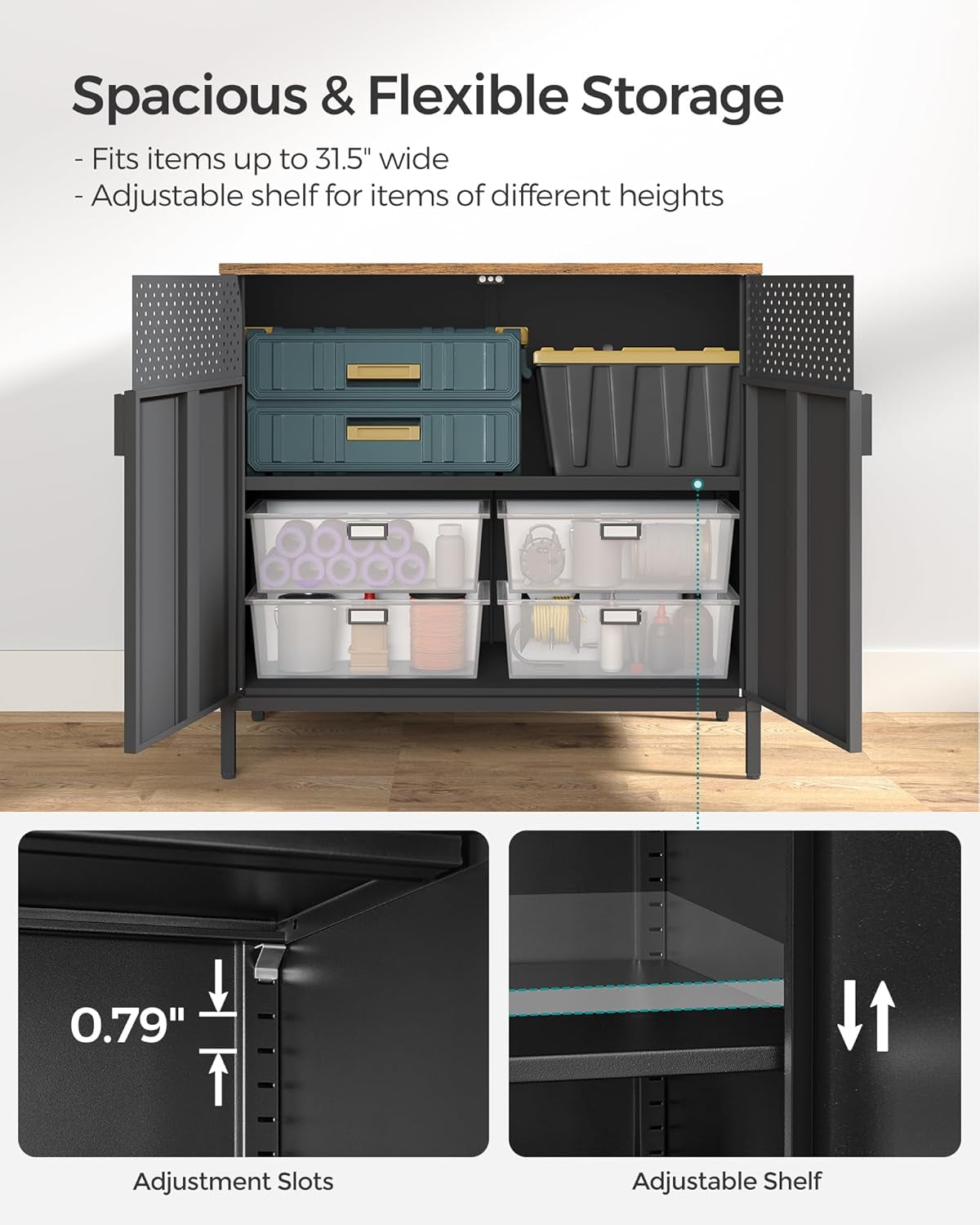 Storage Cabinet, Metal Cabinet, Sideboard with 2 Doors, 15.7 X 31.5 X 29.9 Inches, Magnetic Closure, Adjustable Shelf, Steel Frame, Rustic Brown and Black ULSC102B01