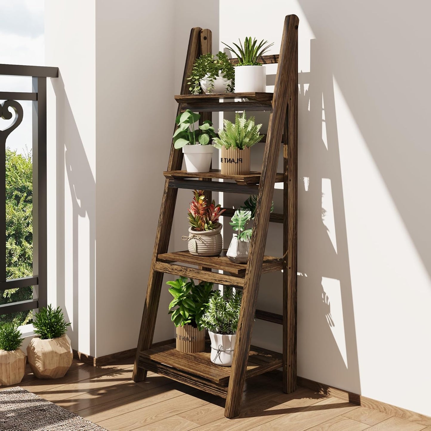 Ladder Shelves - Folding Wooden Ladder Bookshelf, 4-Tier Retro Plant Stand Storage Shelves for Home Living Room, Brown