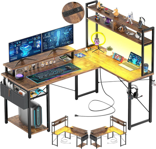 Small L Shaped Gaming Desk with LED Lights & Power Outlets, Reversible L-Shaped Computer Desk with Monitor Stand & Storage Shelf, Corner Desks Home Office Desk with Storage Bag, Rustic Brown