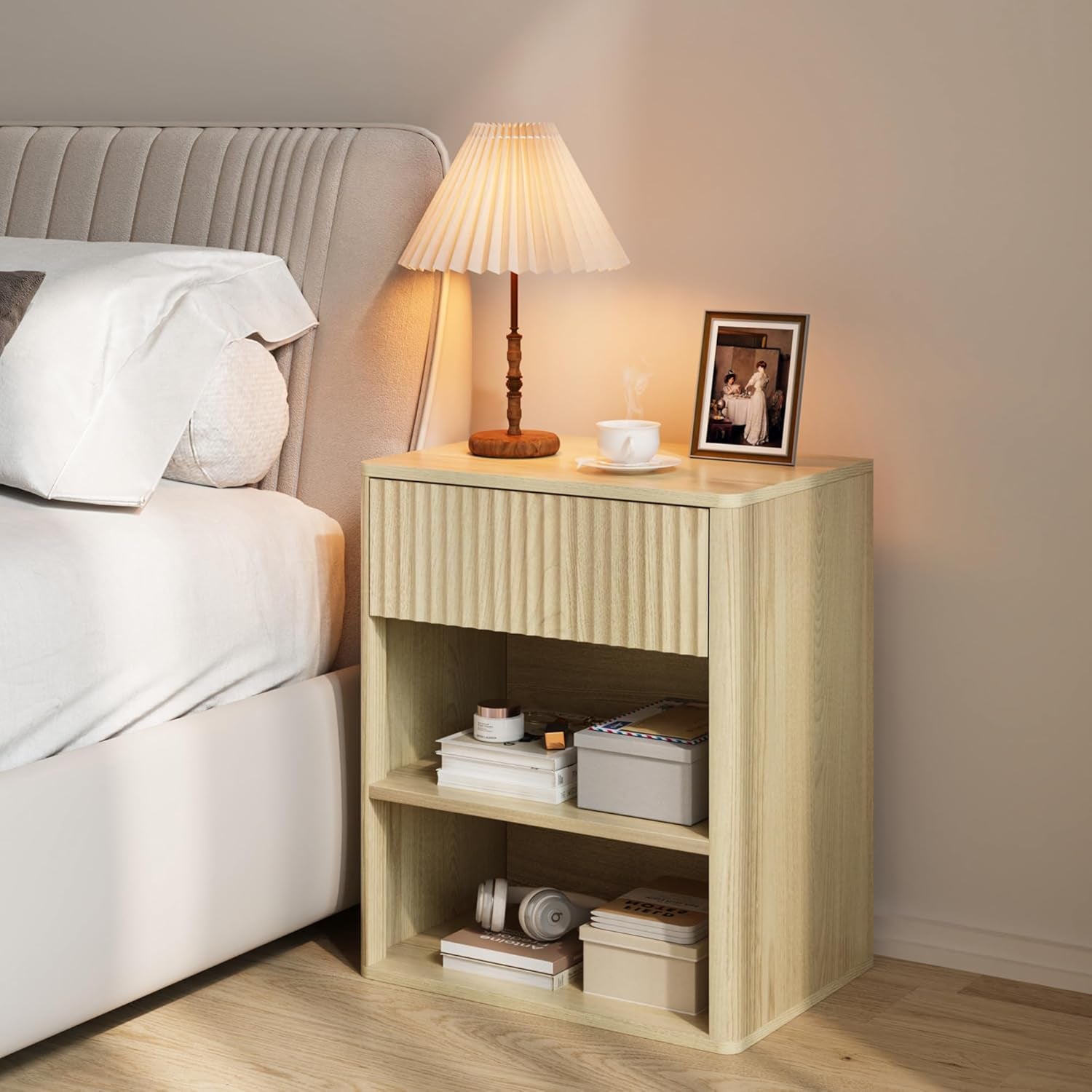 Nightstand Bedside Table Storage Drawer - Large Mid Century Modern Night Stand with Fluted Wood Drawer and Open Shelf Bed Side Table for Bedroom Study Room, Natural Oak