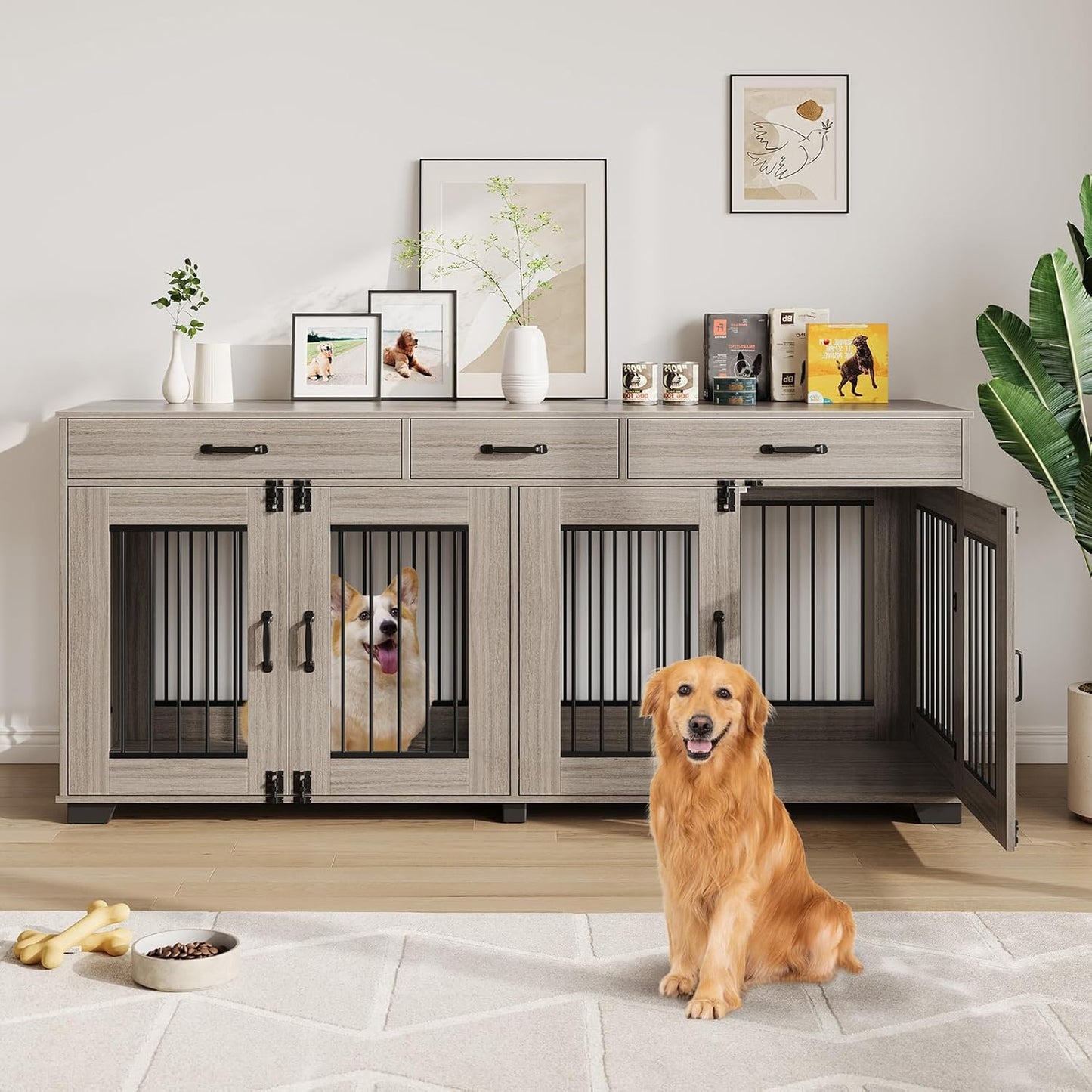 71 in Large Dog Crate Furniture for 2 Dogs with 3 Drawers, Heavy Duty Double Indoor Dog Kennel and TV Stand for Medium Large Dogs, Grey