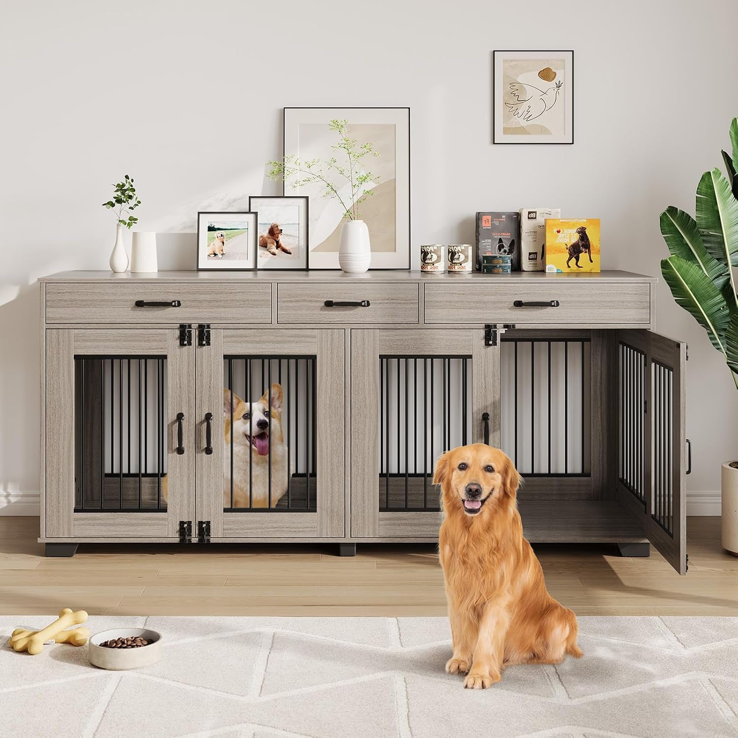 71 in Large Dog Crate Furniture for 2 Dogs with 3 Drawers, Heavy Duty Double Indoor Dog Kennel and TV Stand for Medium Large Dogs, Grey