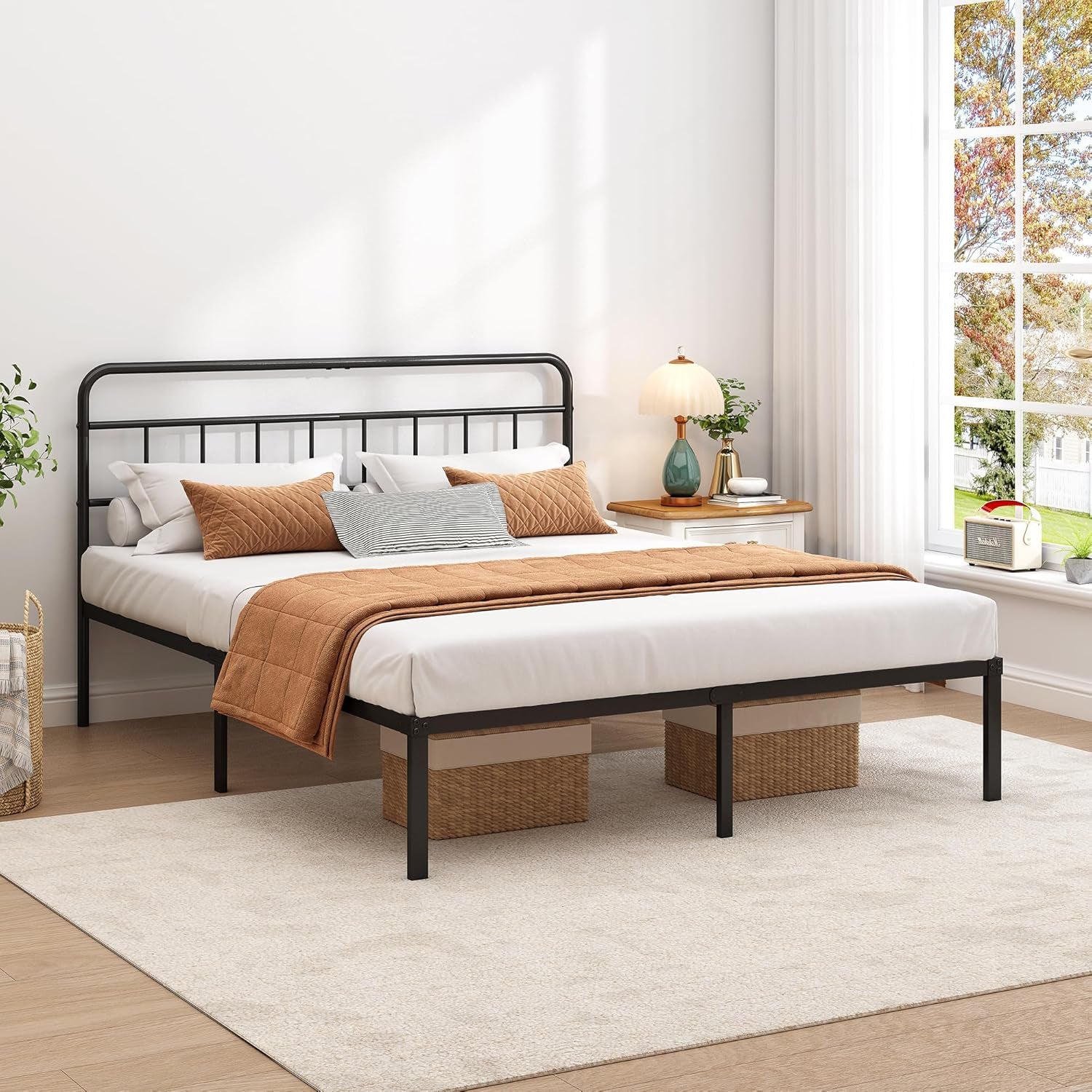 Queen Bed Frame with Classic Headboard,Strong Metal Slats Support,Under Bed Storage Space,No Box Spring Needed,Easy to Assemble,Black