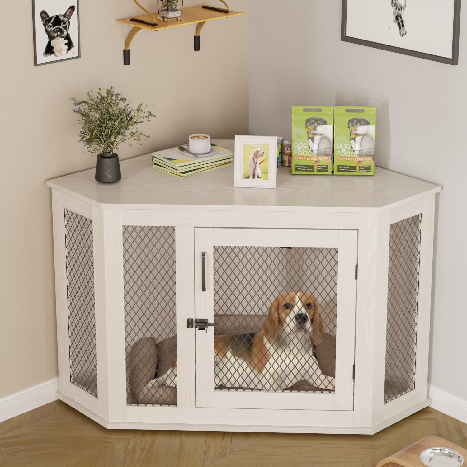 44Inch Corner Dog Crate Furniture,Wooden Dog Kennel Furniture with Mesh,Decorative Wood Dog House for Indoor Use,For Small/Medium/Large Dog,Perfect for Limited Room