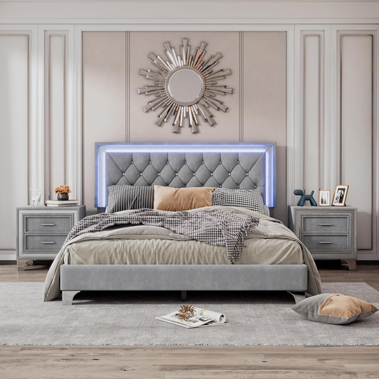 3-Piece Queen Bedroom Set, Upholstered Platform Bed with LED Lights and 2 Nightstands, Modern Gray