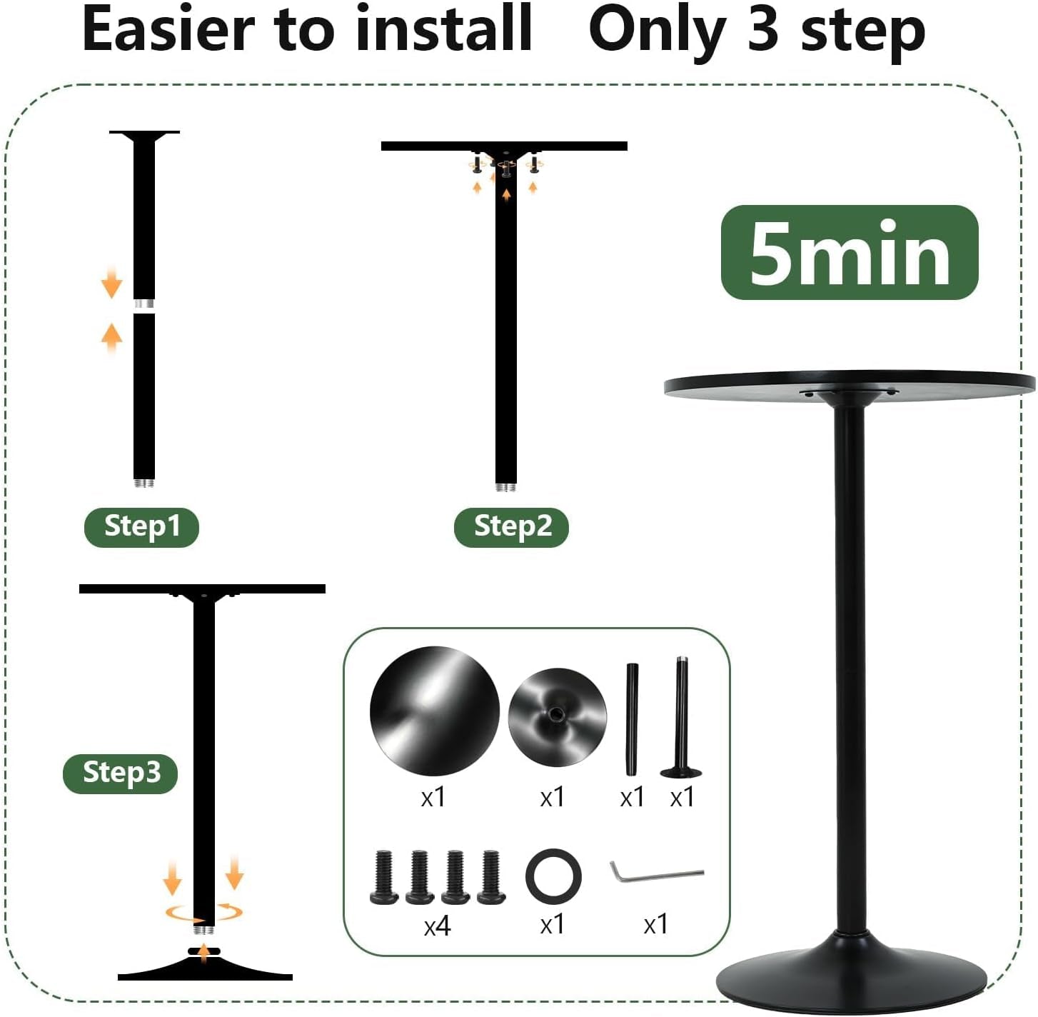 Round Bar Table 40" Height Modern High Top Pub Table with Solid Top & Sturdy Metal Base, Cocktail Table for Bistro, Home, Kitchen or Dining Room, Black