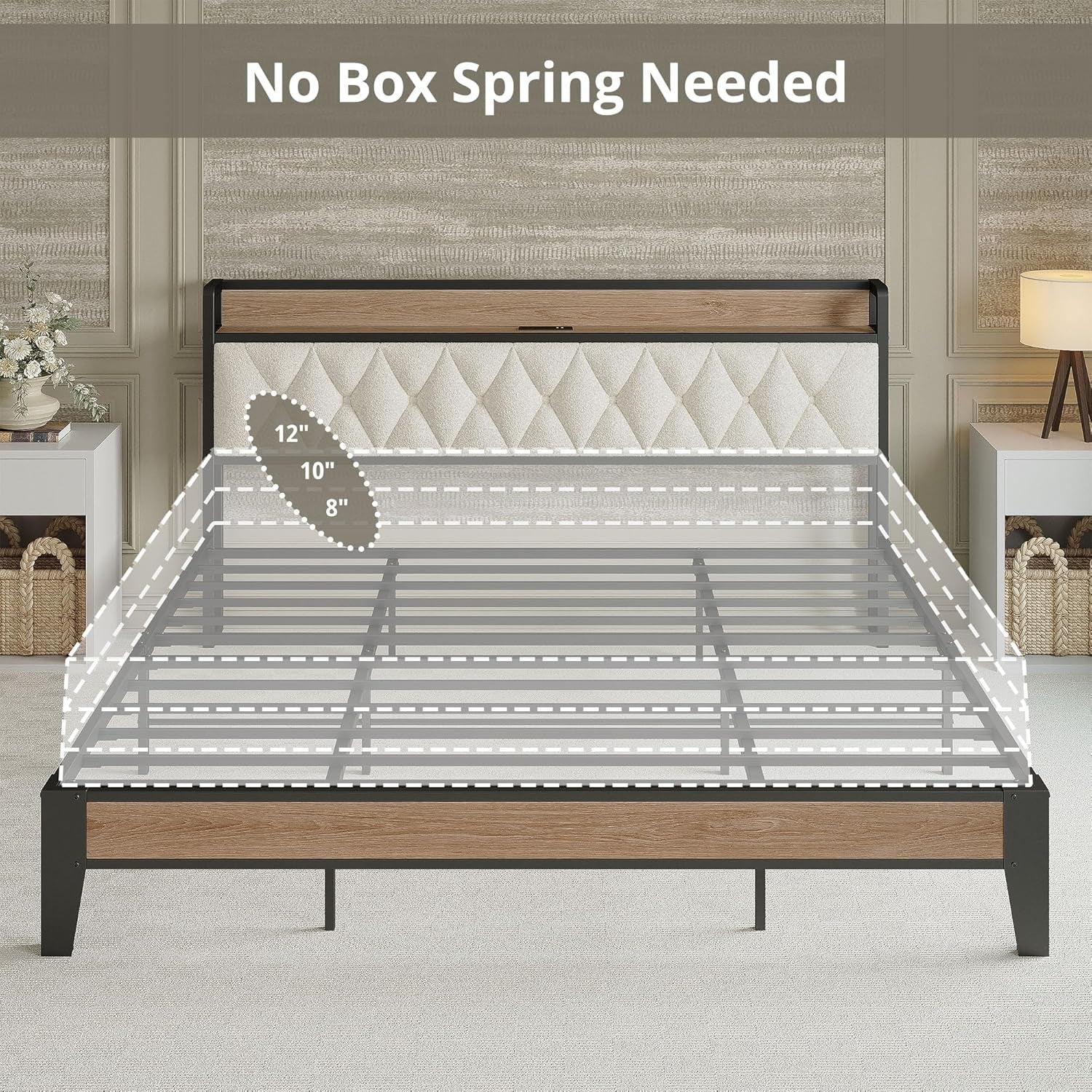 King Bed Frame, Storage Headboard with Charging Station, Platform Bed Frame with Strong Metal Support, Sturdy and Stable, Noise Free, No Box Spring Needed, Easy Assembly