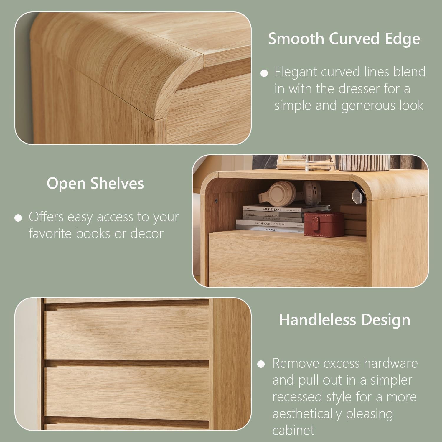 25" Tall Modern Nightstand Set of 2, 23.6'' Wide Wood Bedside Table W/2 Storage Drawers, Charging Station, Mid Century End Table for Bedroom, Living Room,Curved Profile Design, Natural Oak
