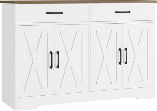 Buffet Cabinet with Storage, 47.2" Kitchen Sideboard Buffet with Drawers, Modern Farmhouse Coffee Bar Station with Shelves, Barn Doors Storage Cabinet for Living Room, White/Rustic Brown