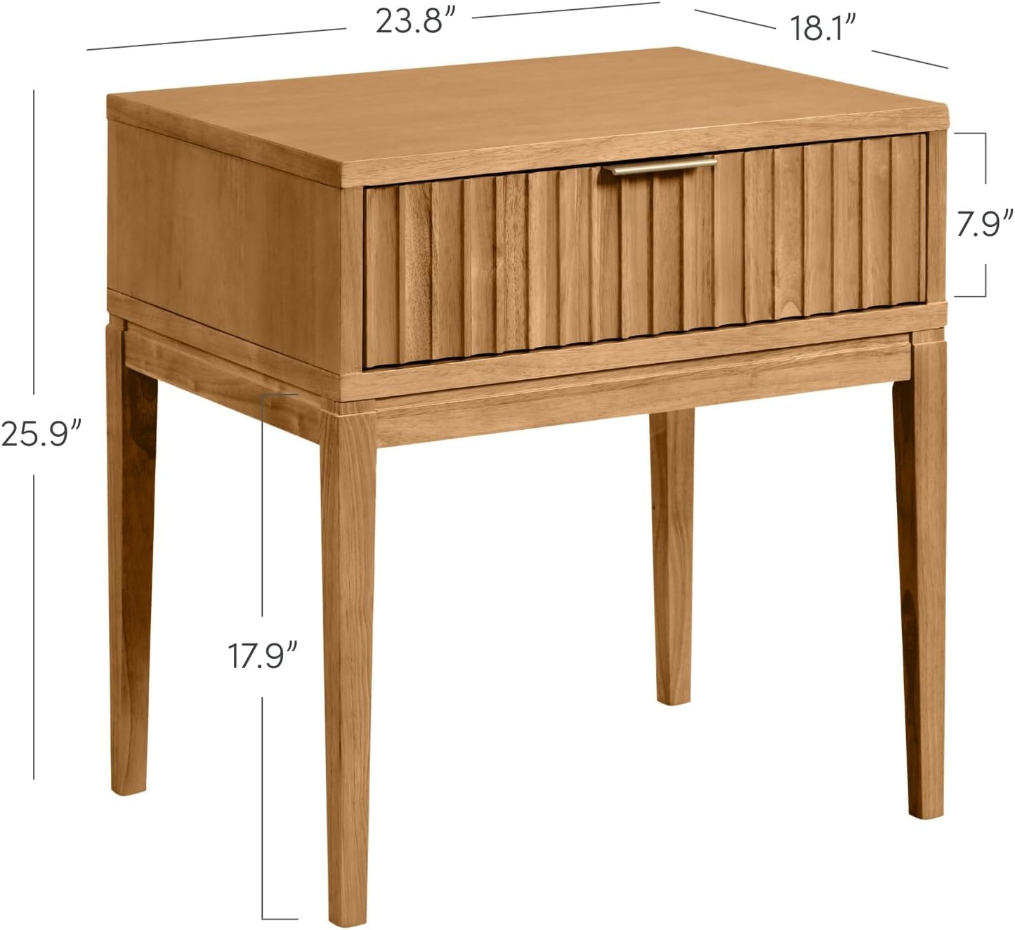 Jasper Mid-Century Modern Nightstand, Side Table with Storage and Fluted Drawer Doors with Brass Handles, Natural Brown, Set of 2
