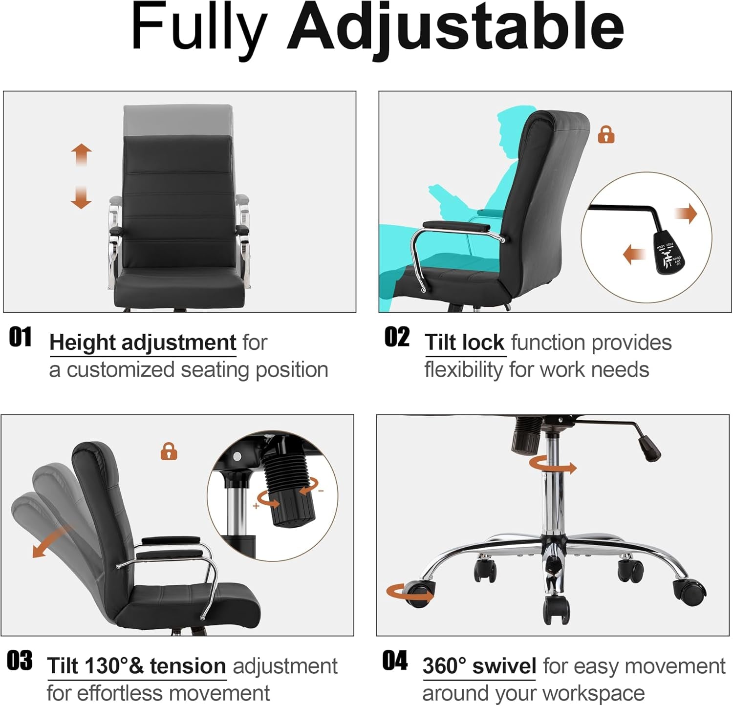 Office Desk Chair,Modern Leather Conference Room Chairs,High Back Ergonomic Home Ofiice Chair,Adjustable Height Swivel Executive Computer Chair with Padded Seat and Armrest