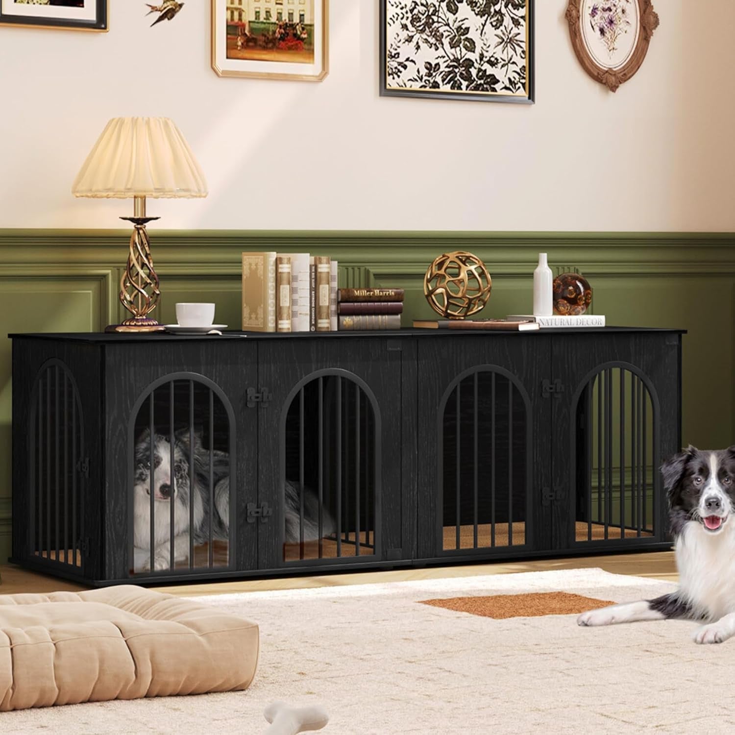 71" Dog Crate Furniture for 2 Dogs, Heavy Duty Indoor Dog Kennel TV Stand, XL Wooden Dog Cage with Divider for Medium Large Dogs, End Table Dog Crate with Cushion, Black DFC81904B