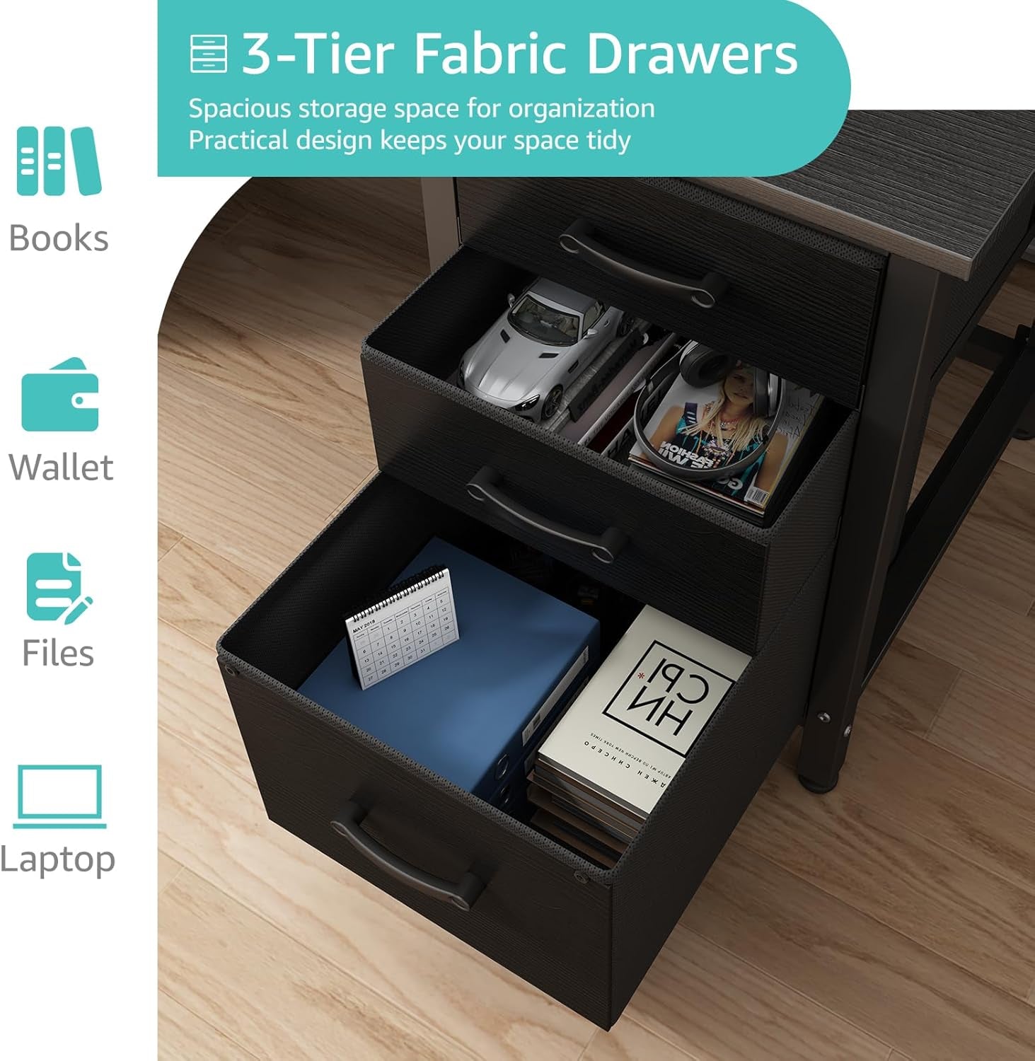 Computer Desk with File Drawers Cabinet, 47 Inch Reversible Home Office Desks with Filing Cabinet for Small Space, Gaming Study Writing Table PC Desks, Black